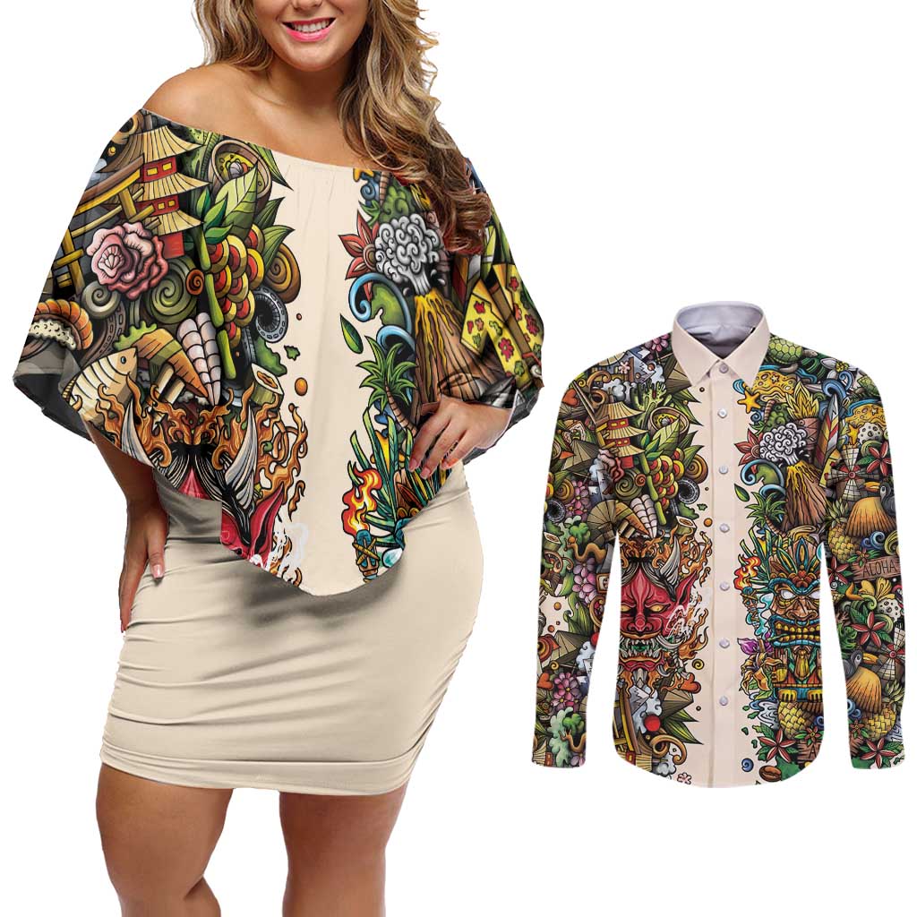 Hawaii And Japan Couples Matching Off Shoulder Short Dress and Long Sleeve Button Shirt Tiki With Oni Mask - Polynesian Pride