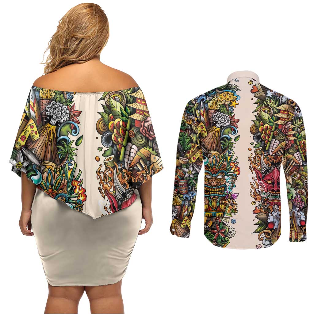 Hawaii And Japan Couples Matching Off Shoulder Short Dress and Long Sleeve Button Shirt Tiki With Oni Mask - Polynesian Pride