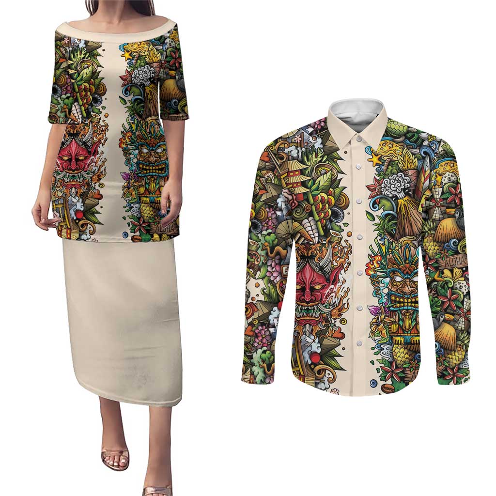 Hawaii And Japan Couples Matching Puletasi and Long Sleeve Button Shirt Tiki With Oni Mask LT05 Colorful - Polynesian Pride