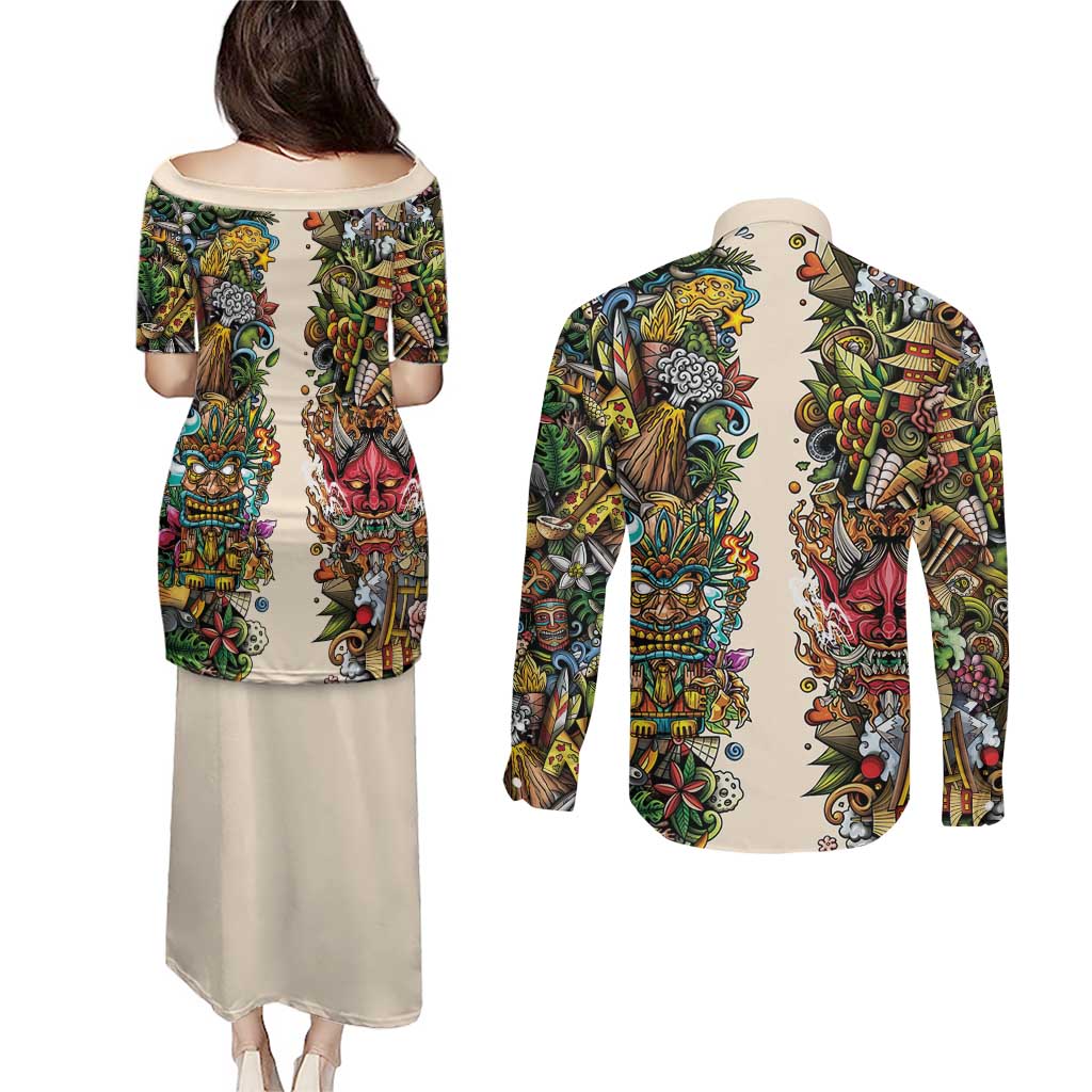 Hawaii And Japan Couples Matching Puletasi and Long Sleeve Button Shirt Tiki With Oni Mask LT05 - Polynesian Pride
