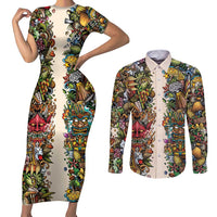 Hawaii And Japan Couples Matching Short Sleeve Bodycon Dress and Long Sleeve Button Shirt Tiki With Oni Mask - Polynesian Pride