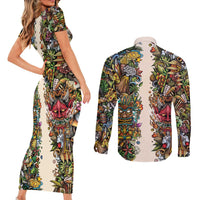 Hawaii And Japan Couples Matching Short Sleeve Bodycon Dress and Long Sleeve Button Shirt Tiki With Oni Mask - Polynesian Pride