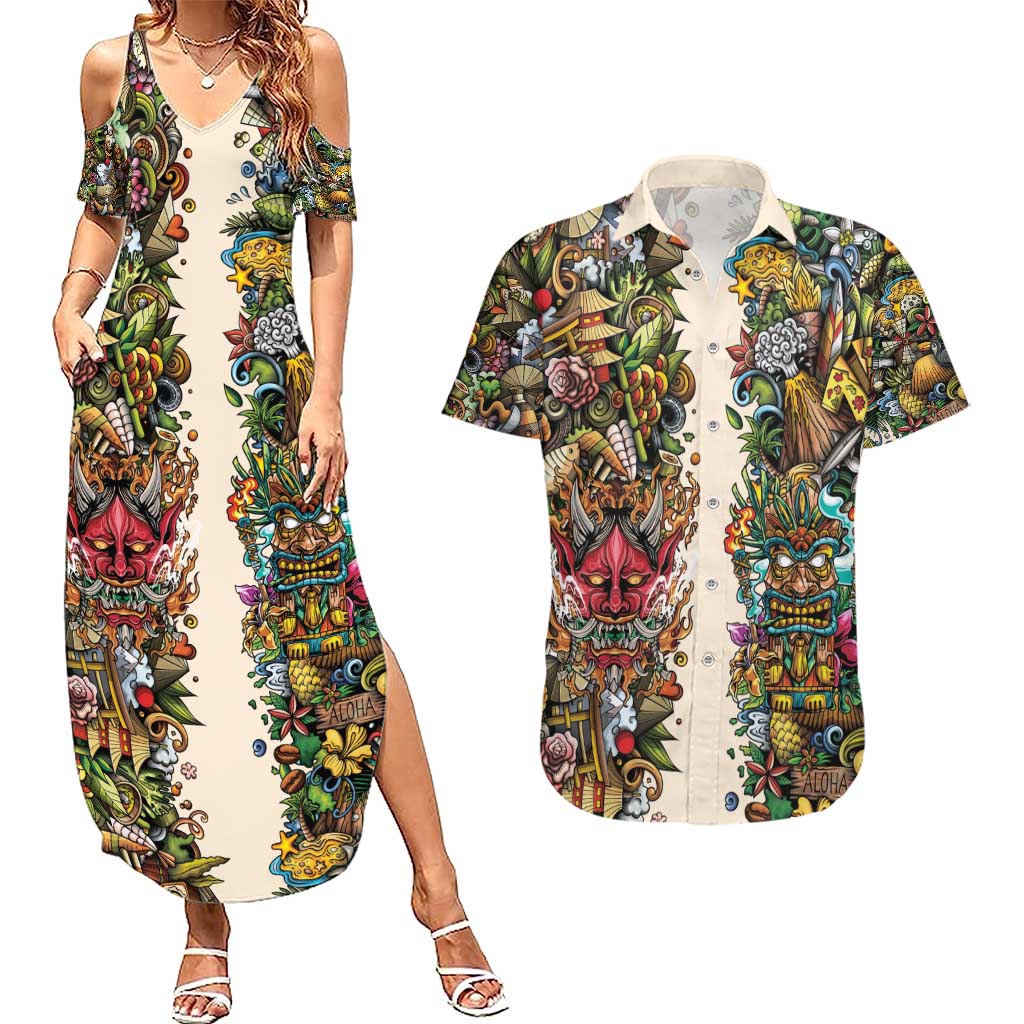 Hawaii And Japan Couples Matching Summer Maxi Dress and Hawaiian Shirt Tiki With Oni Mask - Polynesian Pride