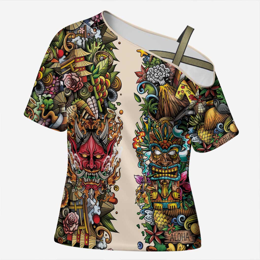 Hawaii And Japan Cross Shoulder Shirt Tiki With Oni Mask LT05 Female Colorful - Polynesian Pride