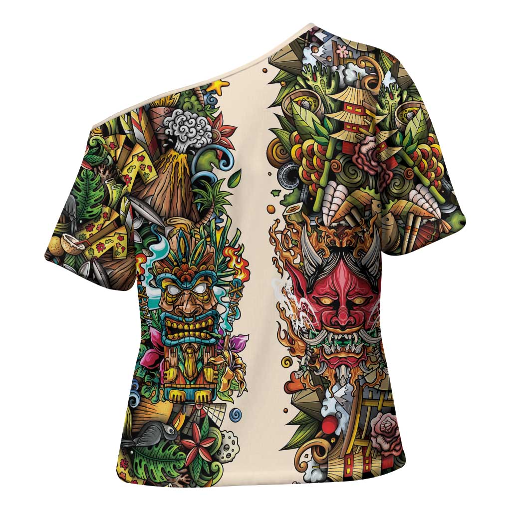 Hawaii And Japan Cross Shoulder Shirt Tiki With Oni Mask LT05 - Polynesian Pride