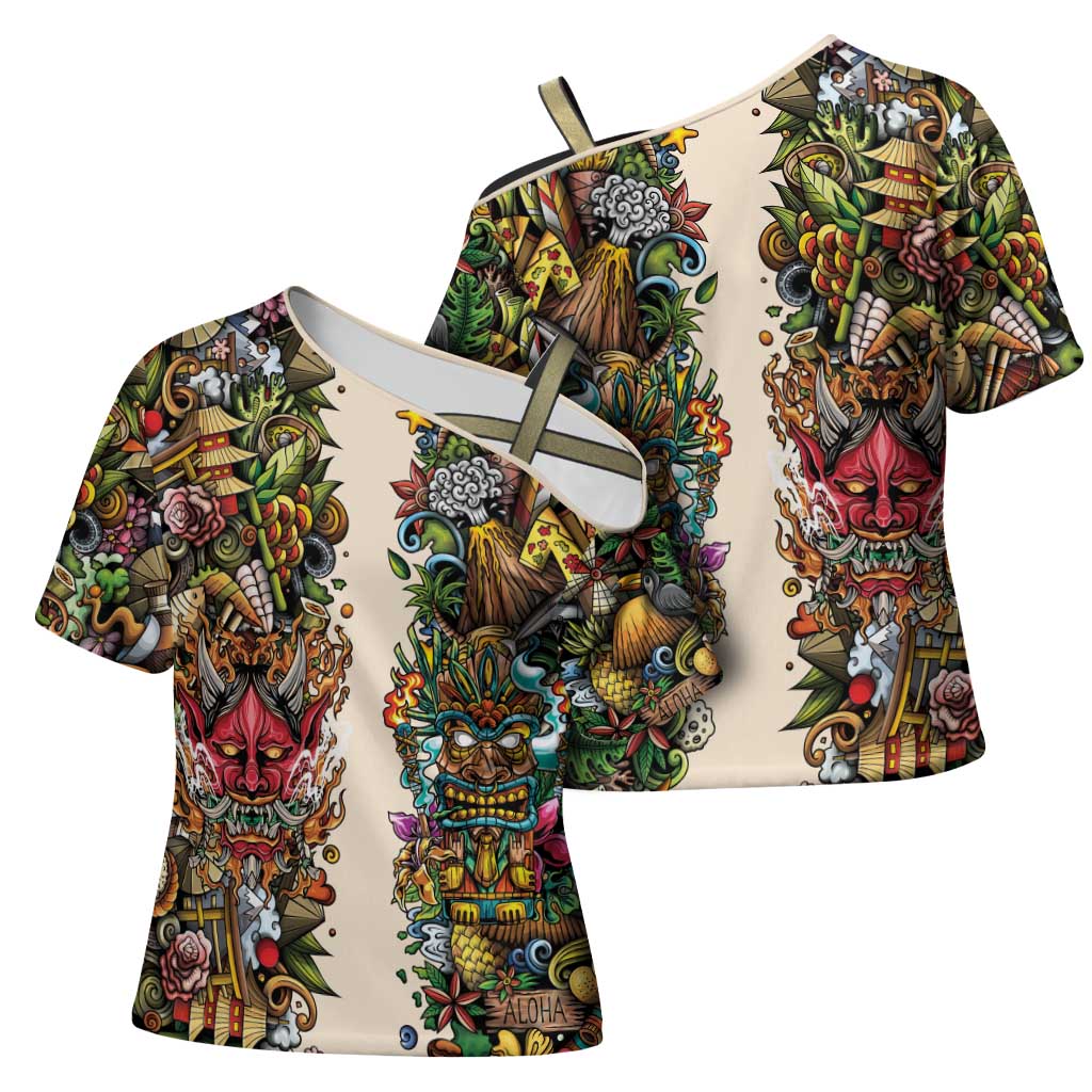 Hawaii And Japan Cross Shoulder Shirt Tiki With Oni Mask LT05 - Polynesian Pride