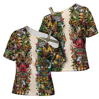 Hawaii And Japan Cross Shoulder Shirt Tiki With Oni Mask LT05 - Polynesian Pride