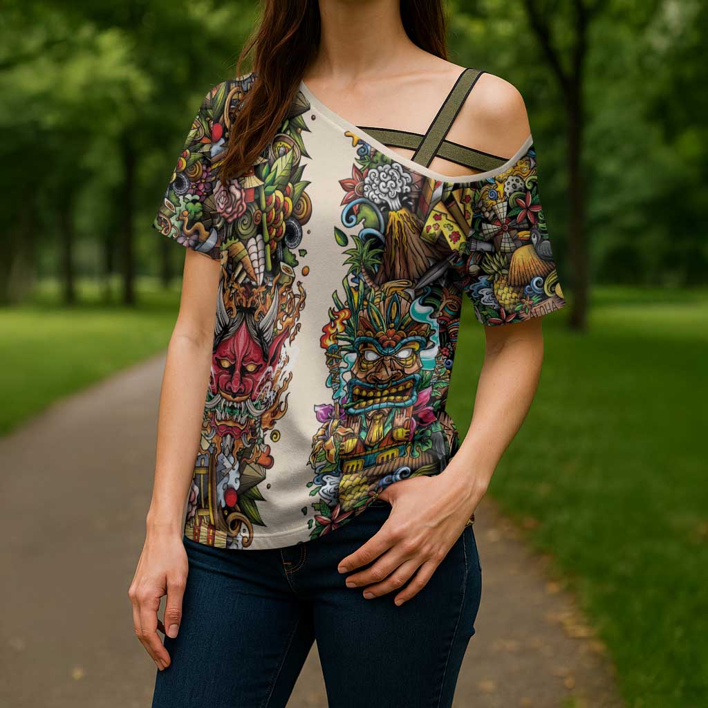 Hawaii And Japan Cross Shoulder Shirt Tiki With Oni Mask LT05 - Polynesian Pride