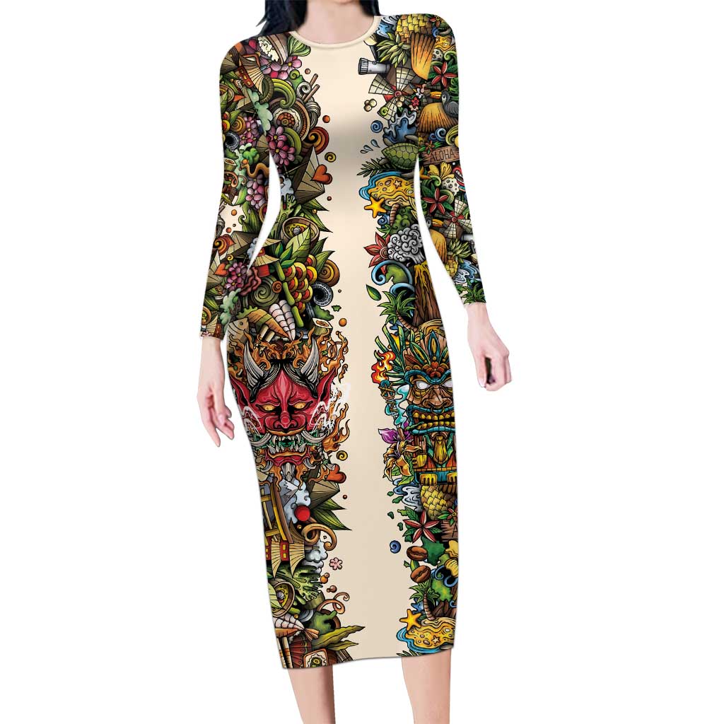 Hawaii And Japan Family Matching Long Sleeve Bodycon Dress and Hawaiian Shirt Tiki With Oni Mask - Polynesian Pride