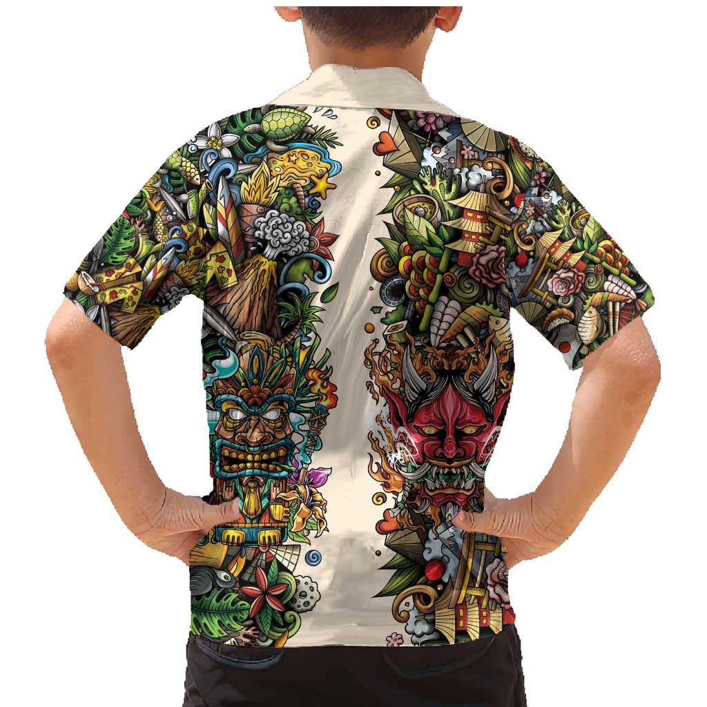 Hawaii And Japan Family Matching Mermaid Dress and Hawaiian Shirt Tiki With Oni Mask - Polynesian Pride