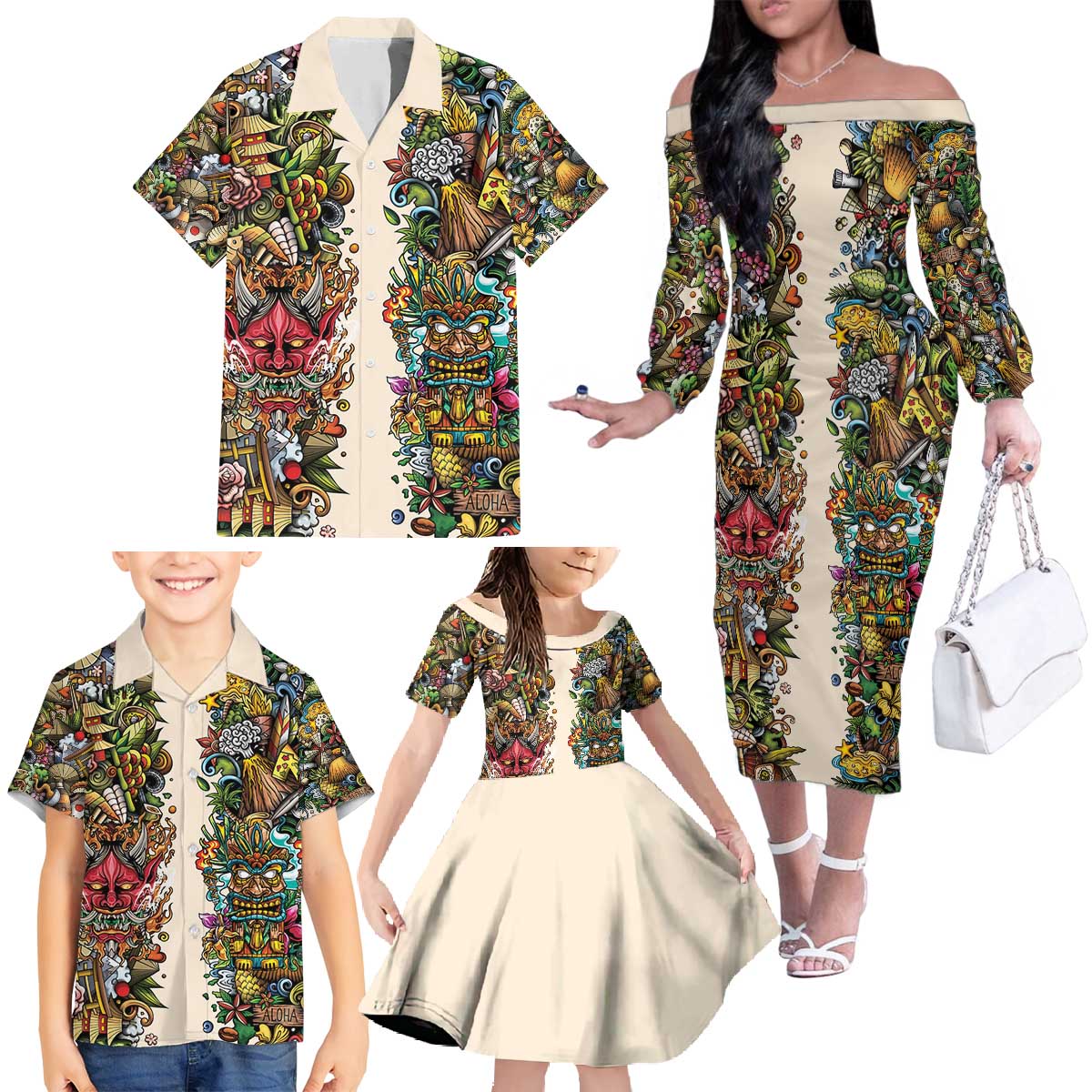 Hawaii And Japan Family Matching Off The Shoulder Long Sleeve Dress and Hawaiian Shirt Tiki With Oni Mask - Polynesian Pride