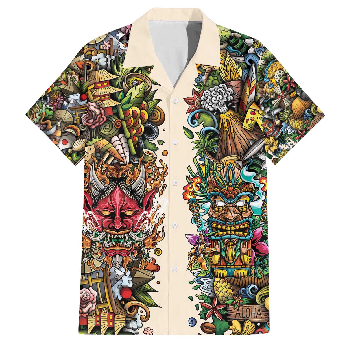Hawaii And Japan Family Matching Off The Shoulder Long Sleeve Dress and Hawaiian Shirt Tiki With Oni Mask - Polynesian Pride