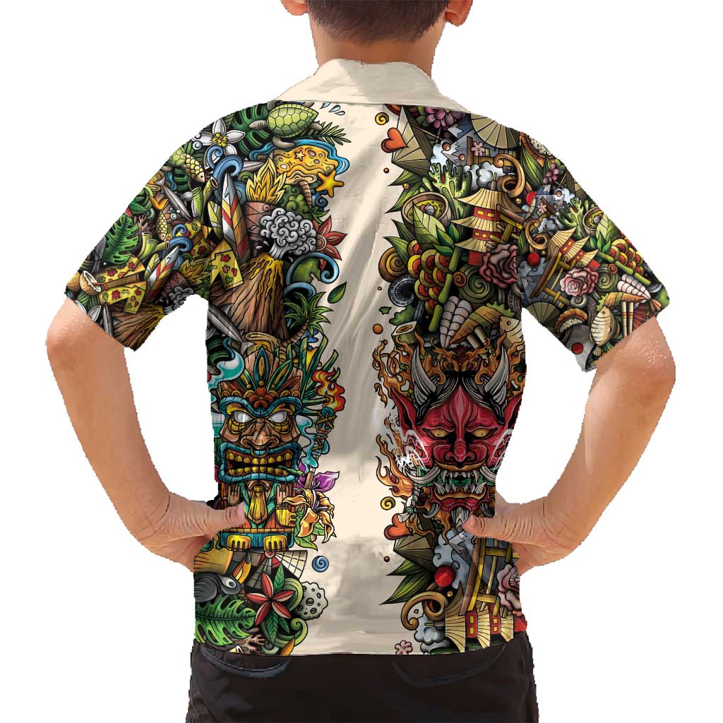 Hawaii And Japan Family Matching Off Shoulder Maxi Dress and Hawaiian Shirt Tiki With Oni Mask - Polynesian Pride