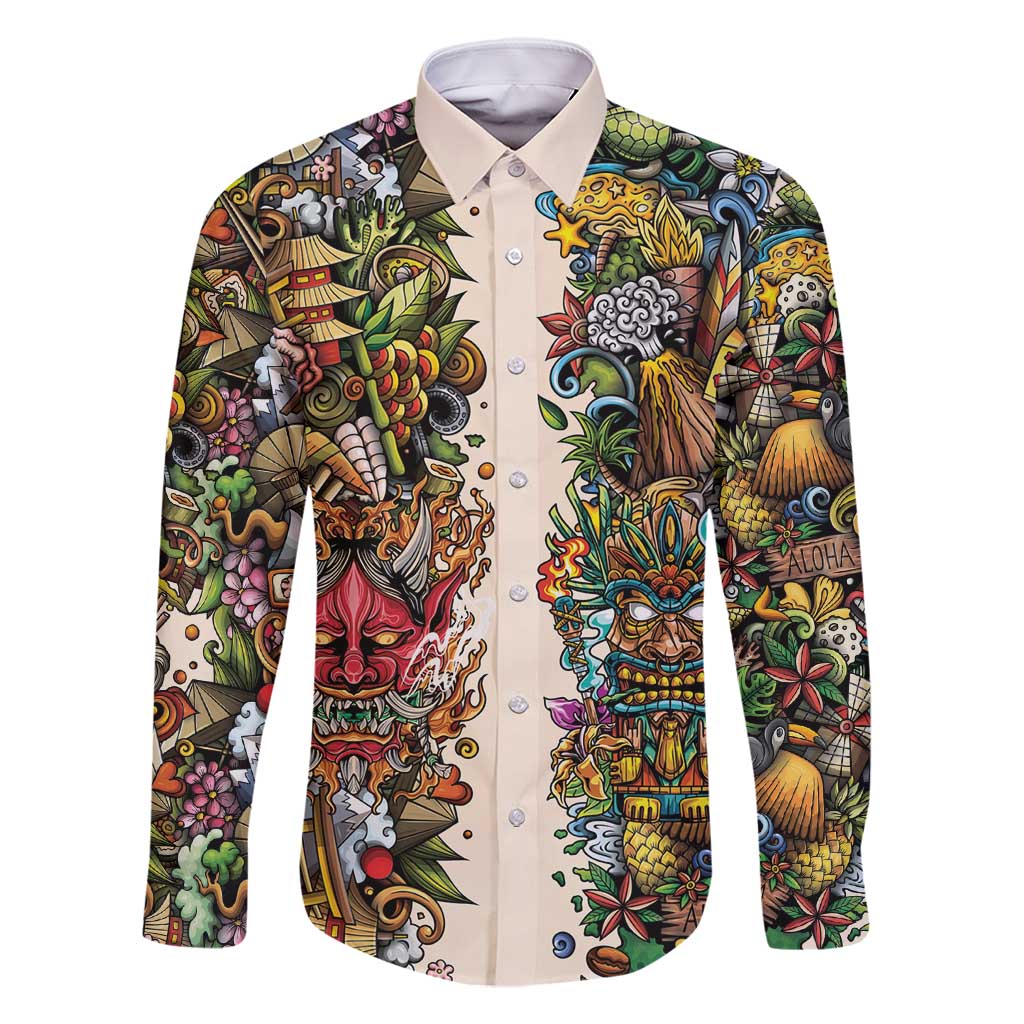 Hawaii And Japan Family Matching Off Shoulder Maxi Dress and Hawaiian Shirt Tiki With Oni Mask - Polynesian Pride