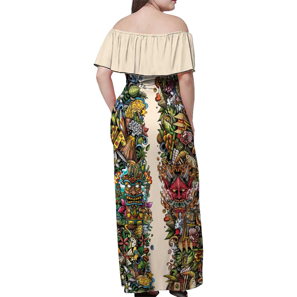 Hawaii And Japan Family Matching Off Shoulder Maxi Dress and Hawaiian Shirt Tiki With Oni Mask - Polynesian Pride