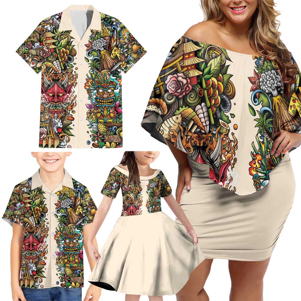 Hawaii And Japan Family Matching Off Shoulder Short Dress and Hawaiian Shirt Tiki With Oni Mask - Polynesian Pride