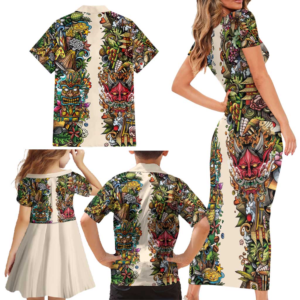 Hawaii And Japan Family Matching Short Sleeve Bodycon Dress and Hawaiian Shirt Tiki With Oni Mask - Polynesian Pride