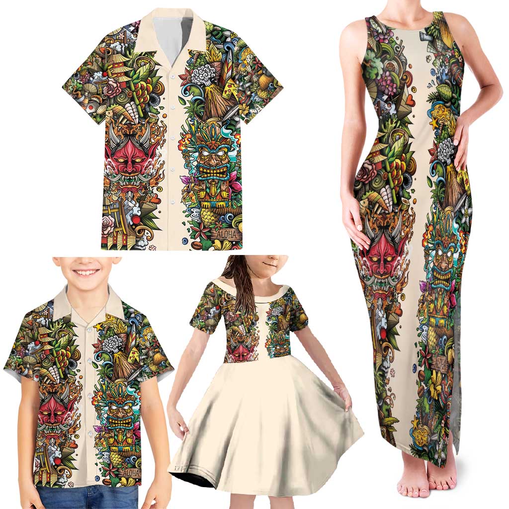 Hawaii And Japan Family Matching Tank Maxi Dress and Hawaiian Shirt Tiki With Oni Mask - Polynesian Pride