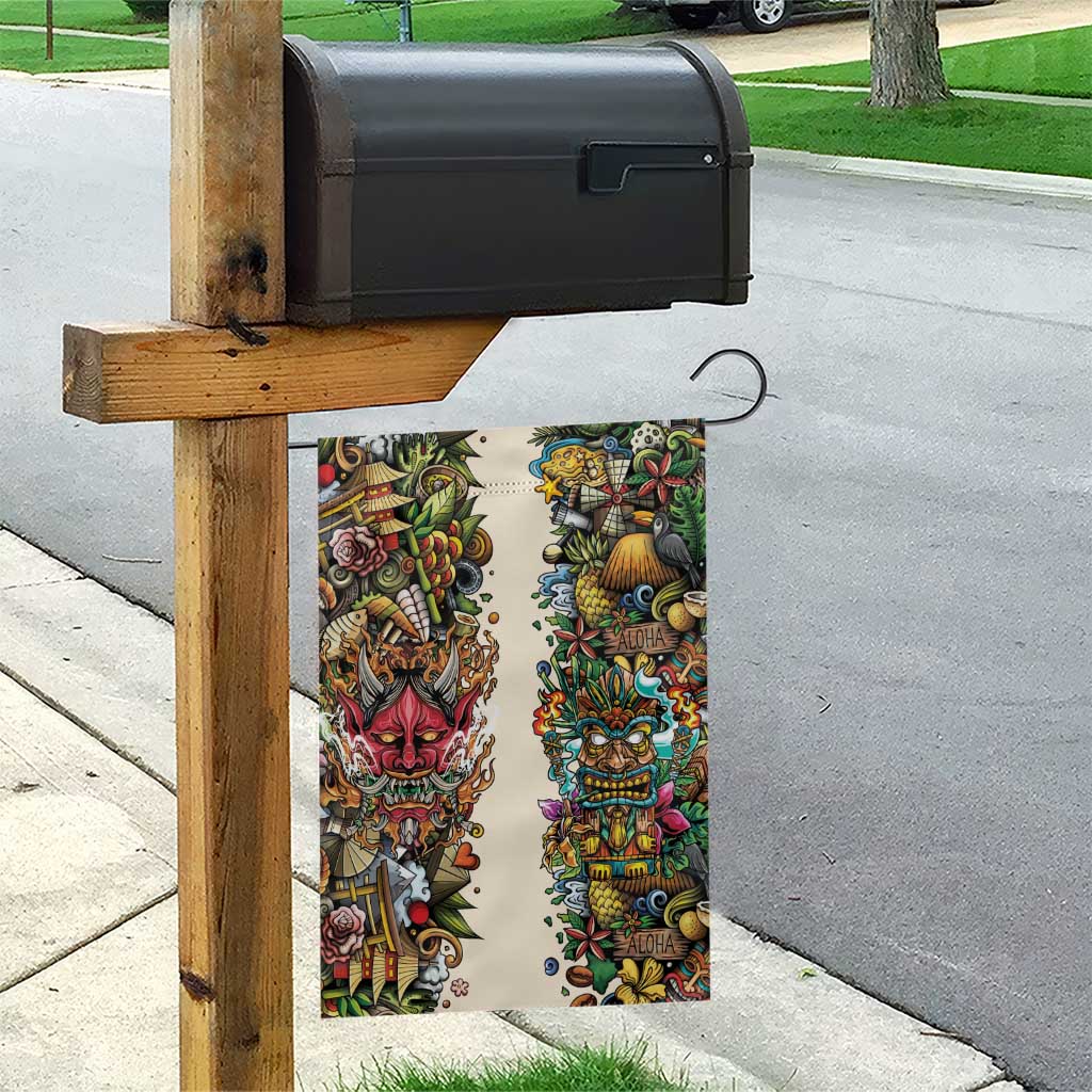 Hawaii And Japan Garden Flag Tiki With Oni Mask - Polynesian Pride