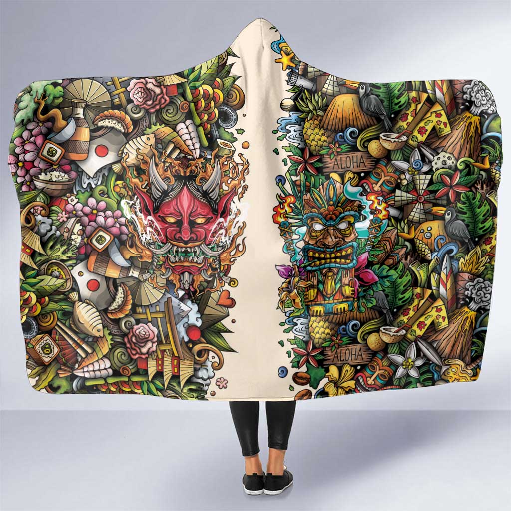 Hawaii And Japan Hooded Blanket Tiki With Oni Mask LT05 One Size Colorful - Polynesian Pride