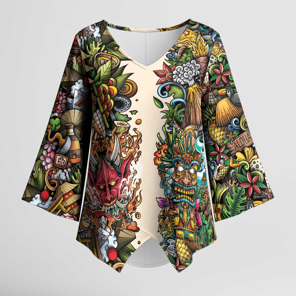 Hawaii And Japan Kimono Sleeve Blouse Tiki With Oni Mask LT05 Female Colorful - Polynesian Pride