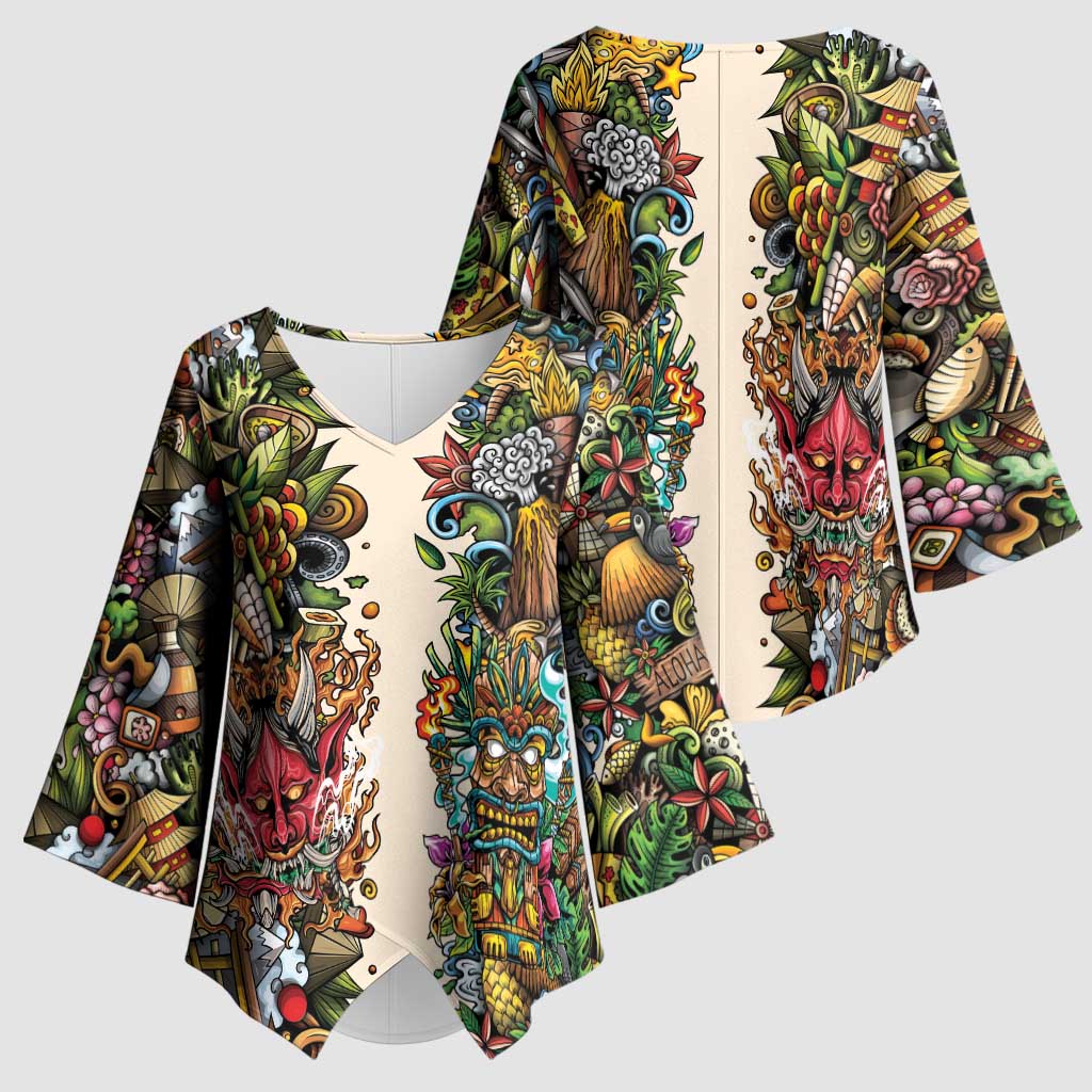Hawaii And Japan Kimono Sleeve Blouse Tiki With Oni Mask LT05 - Polynesian Pride