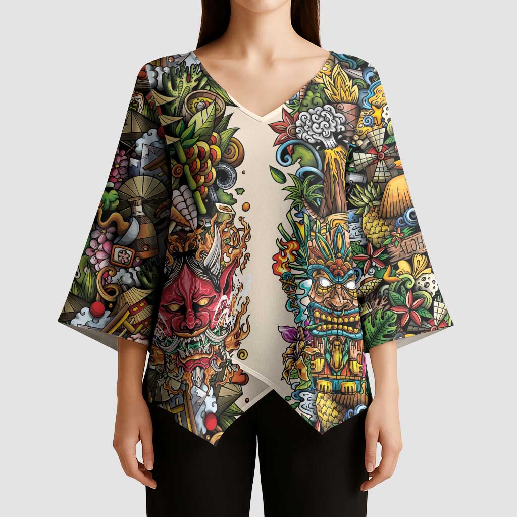Hawaii And Japan Kimono Sleeve Blouse Tiki With Oni Mask LT05 - Polynesian Pride