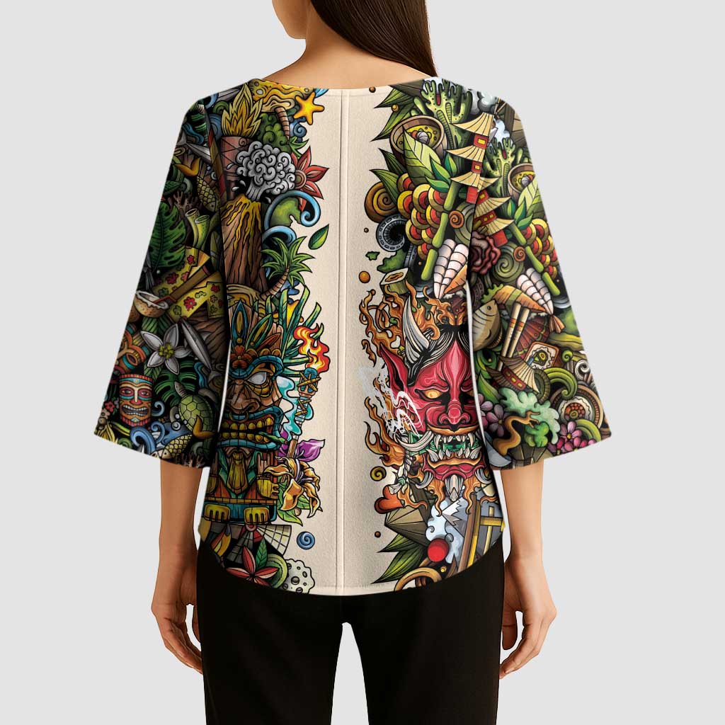 Hawaii And Japan Kimono Sleeve Blouse Tiki With Oni Mask LT05 - Polynesian Pride