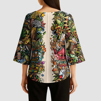 Hawaii And Japan Kimono Sleeve Blouse Tiki With Oni Mask LT05 - Polynesian Pride