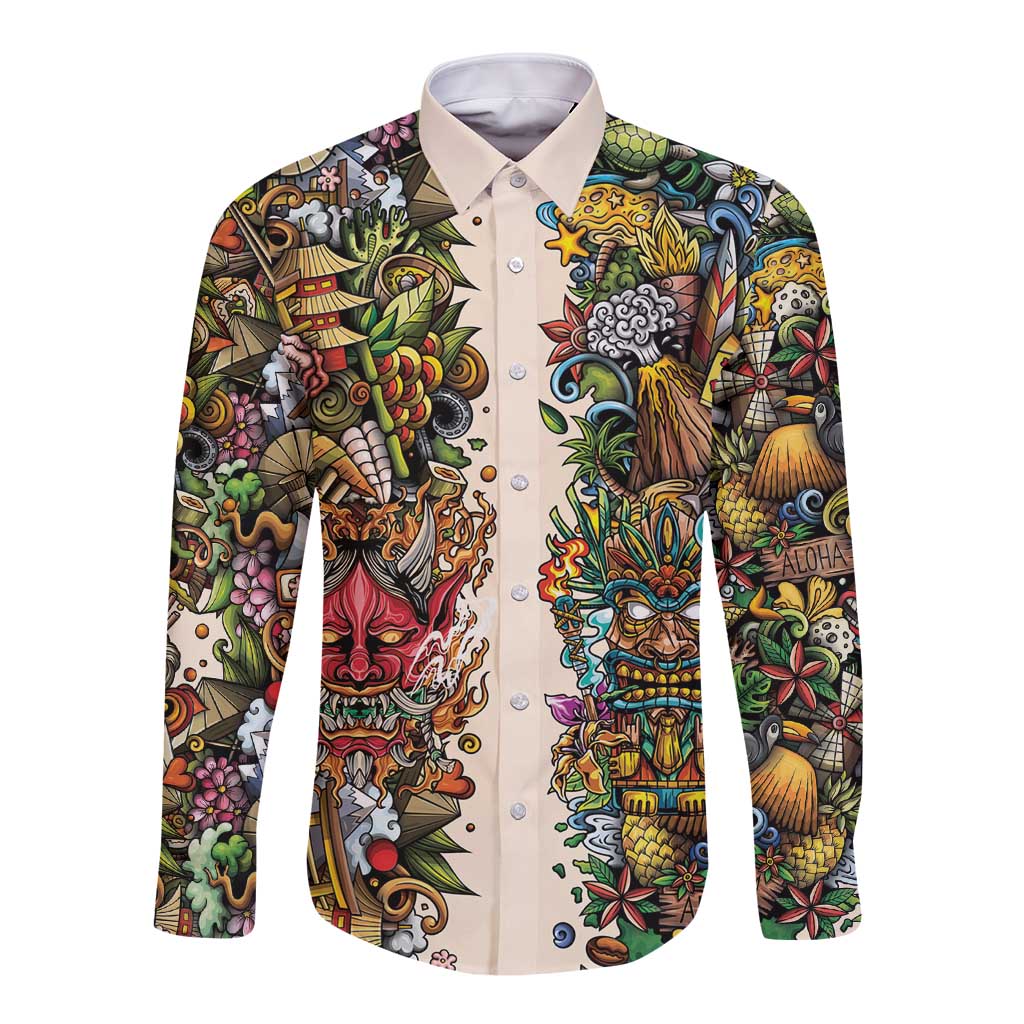 Hawaii And Japan Long Sleeve Button Shirt Tiki With Oni Mask LT05 Unisex Colorful - Polynesian Pride