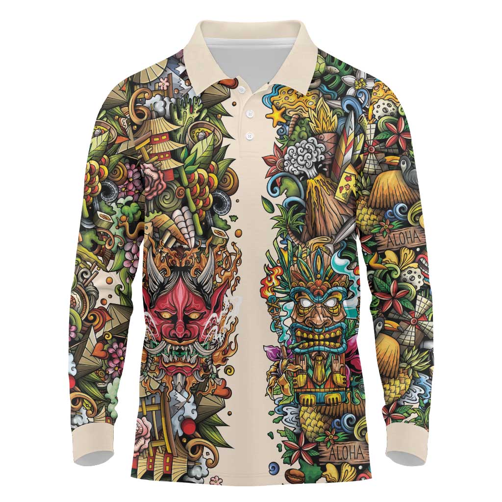 Hawaii And Japan Long Sleeve Polo Shirt Tiki With Oni Mask LT05 Colorful - Polynesian Pride