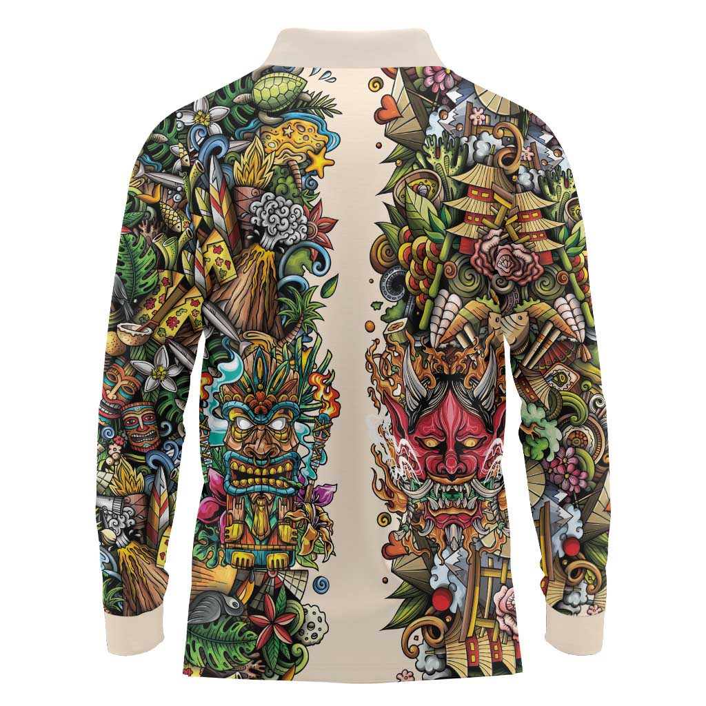 Hawaii And Japan Long Sleeve Polo Shirt Tiki With Oni Mask LT05 - Polynesian Pride