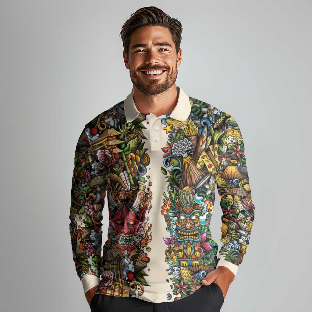 Hawaii And Japan Long Sleeve Polo Shirt Tiki With Oni Mask LT05 - Polynesian Pride