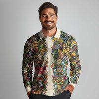 Hawaii And Japan Long Sleeve Polo Shirt Tiki With Oni Mask LT05 - Polynesian Pride