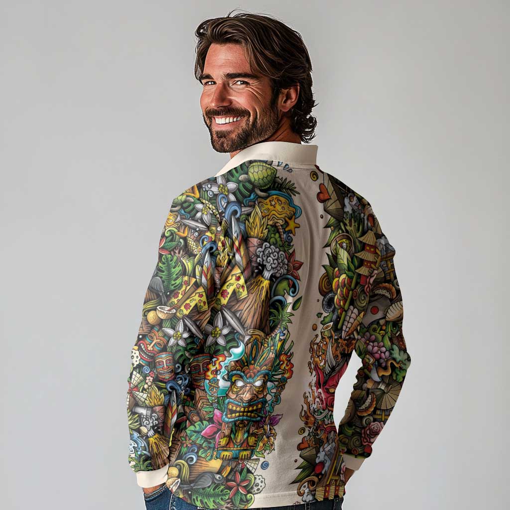 Hawaii And Japan Long Sleeve Polo Shirt Tiki With Oni Mask LT05 - Polynesian Pride