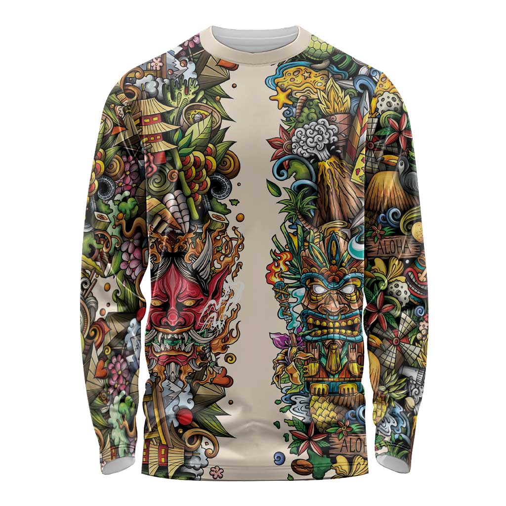 Hawaii And Japan Long Sleeve Shirt Tiki With Oni Mask LT05 Unisex Colorful - Polynesian Pride