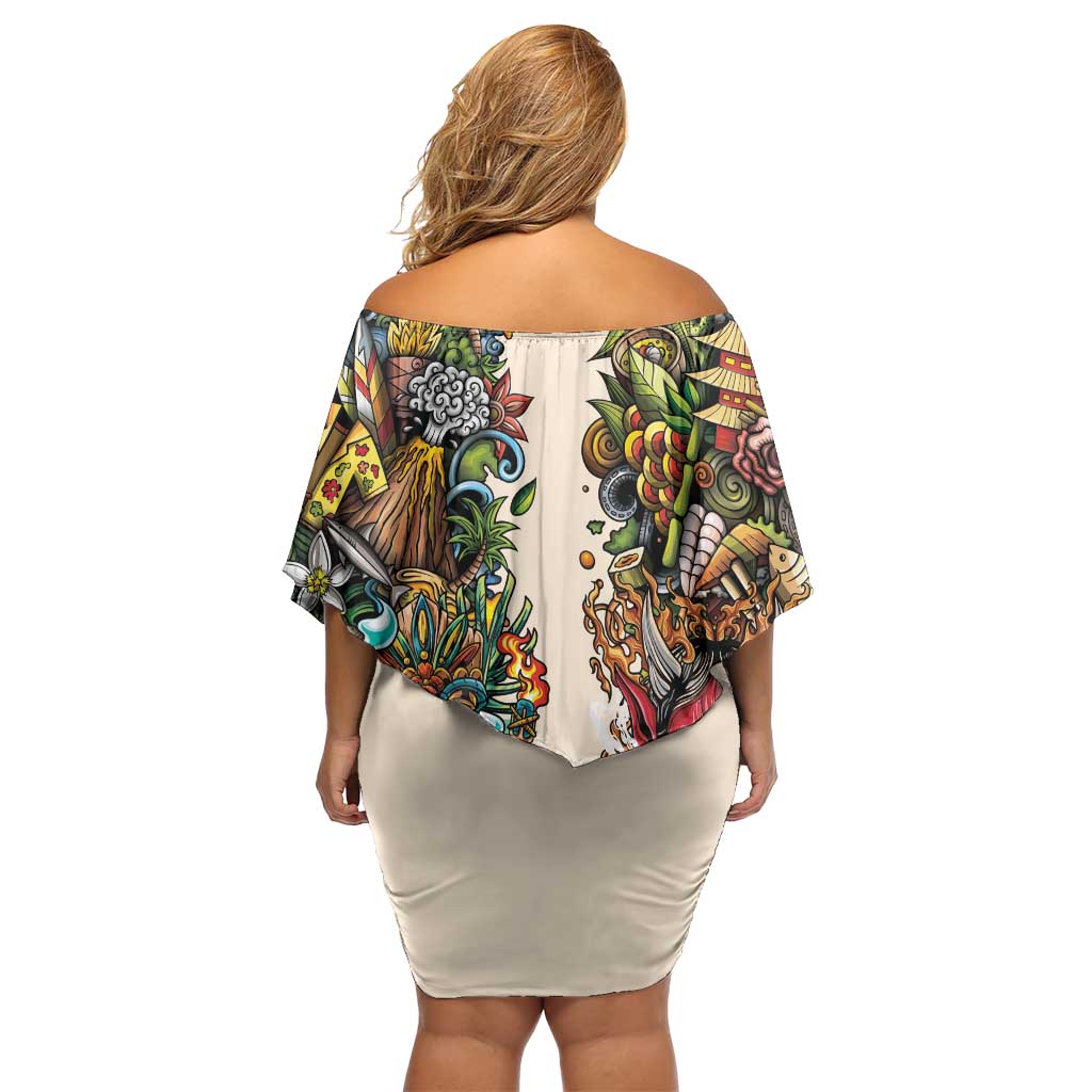 Hawaii And Japan Off Shoulder Short Dress Tiki With Oni Mask - Polynesian Pride