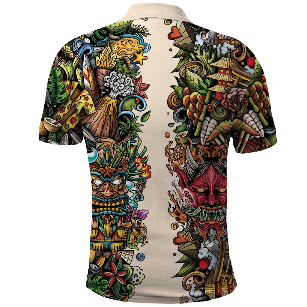 Hawaii And Japan Polo Shirt Tiki With Oni Mask - Polynesian Pride