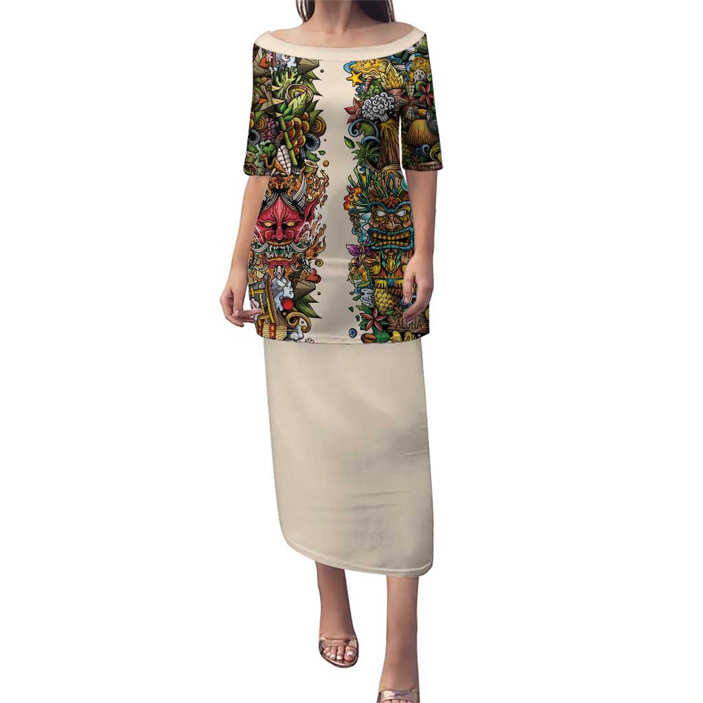 Hawaii And Japan Puletasi Tiki With Oni Mask - Polynesian Pride