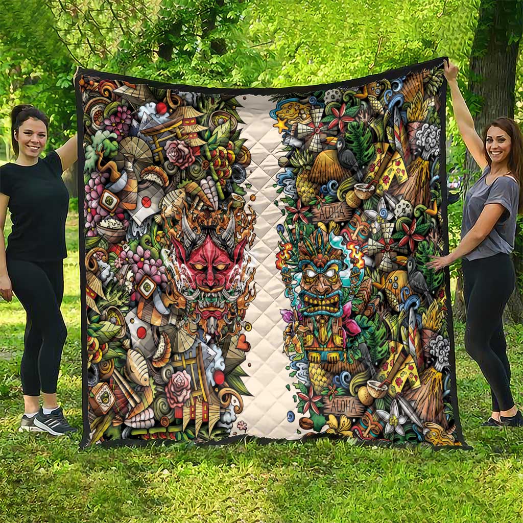 Hawaii And Japan Quilt Tiki With Oni Mask - Polynesian Pride