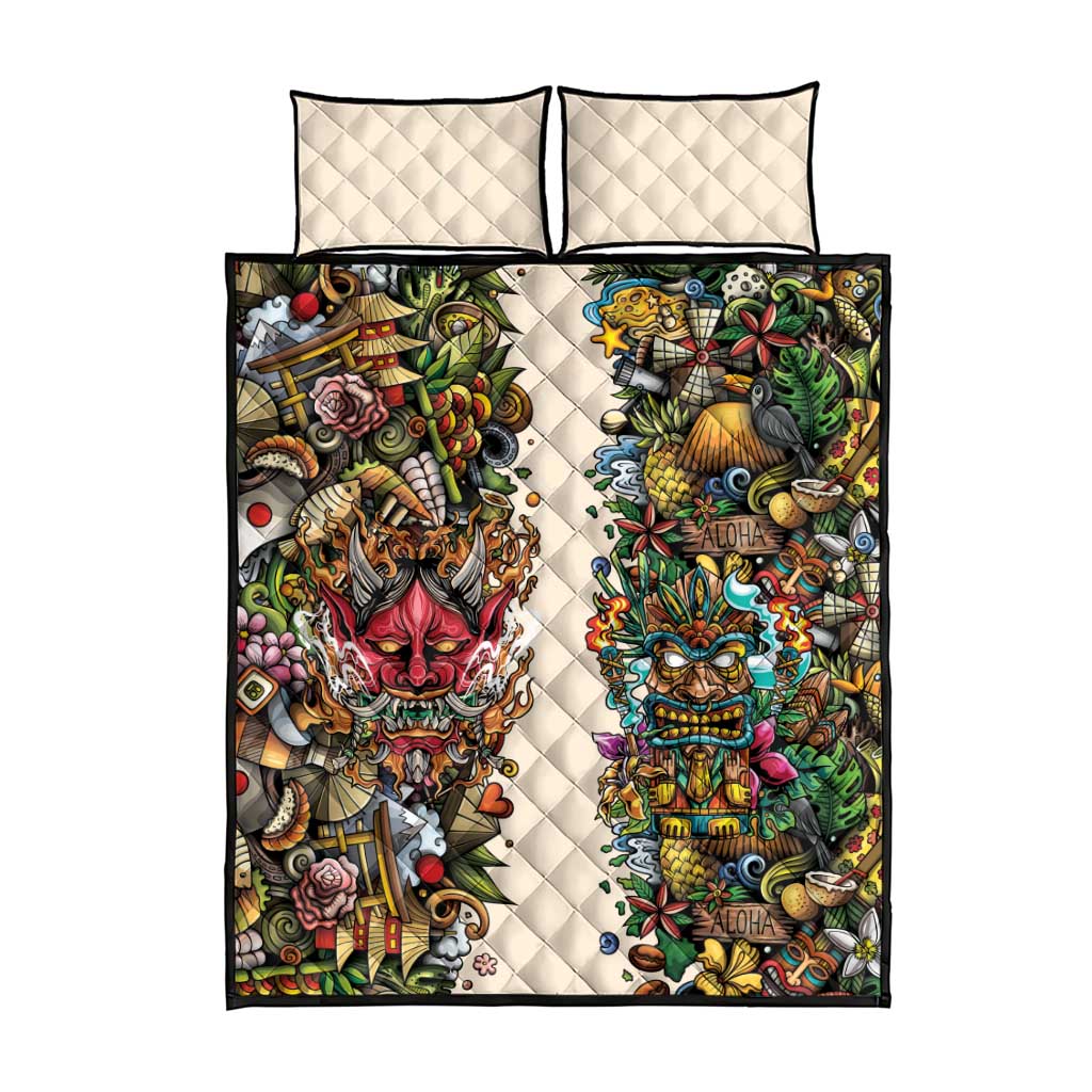 Hawaii And Japan Quilt Bed Set Tiki With Oni Mask - Polynesian Pride