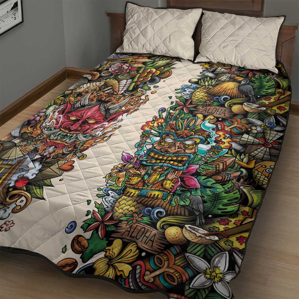 Hawaii And Japan Quilt Bed Set Tiki With Oni Mask - Polynesian Pride