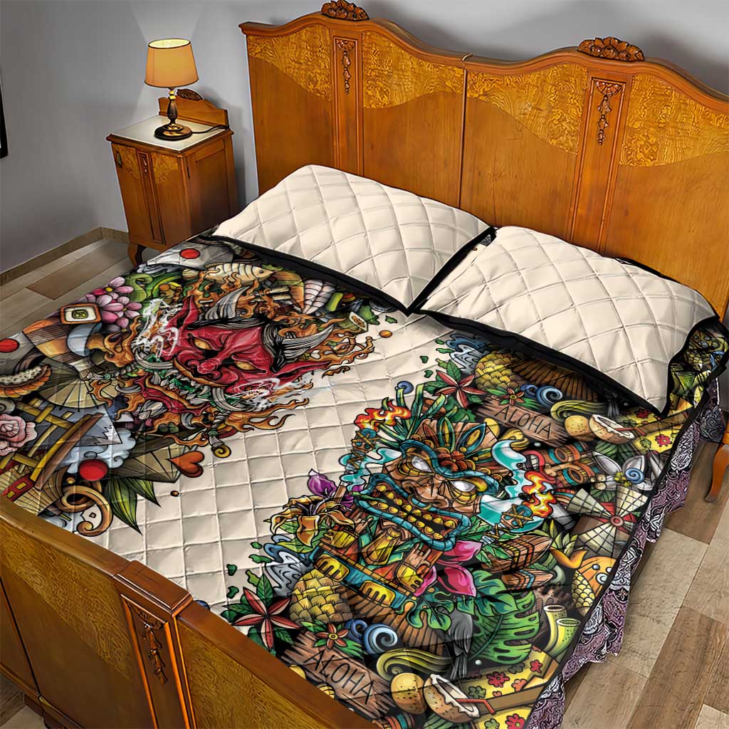 Hawaii And Japan Quilt Bed Set Tiki With Oni Mask - Polynesian Pride