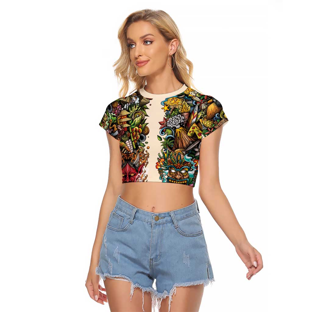 Hawaii And Japan Raglan Cropped T Shirt Tiki With Oni Mask LT05 Female Colorful - Polynesian Pride