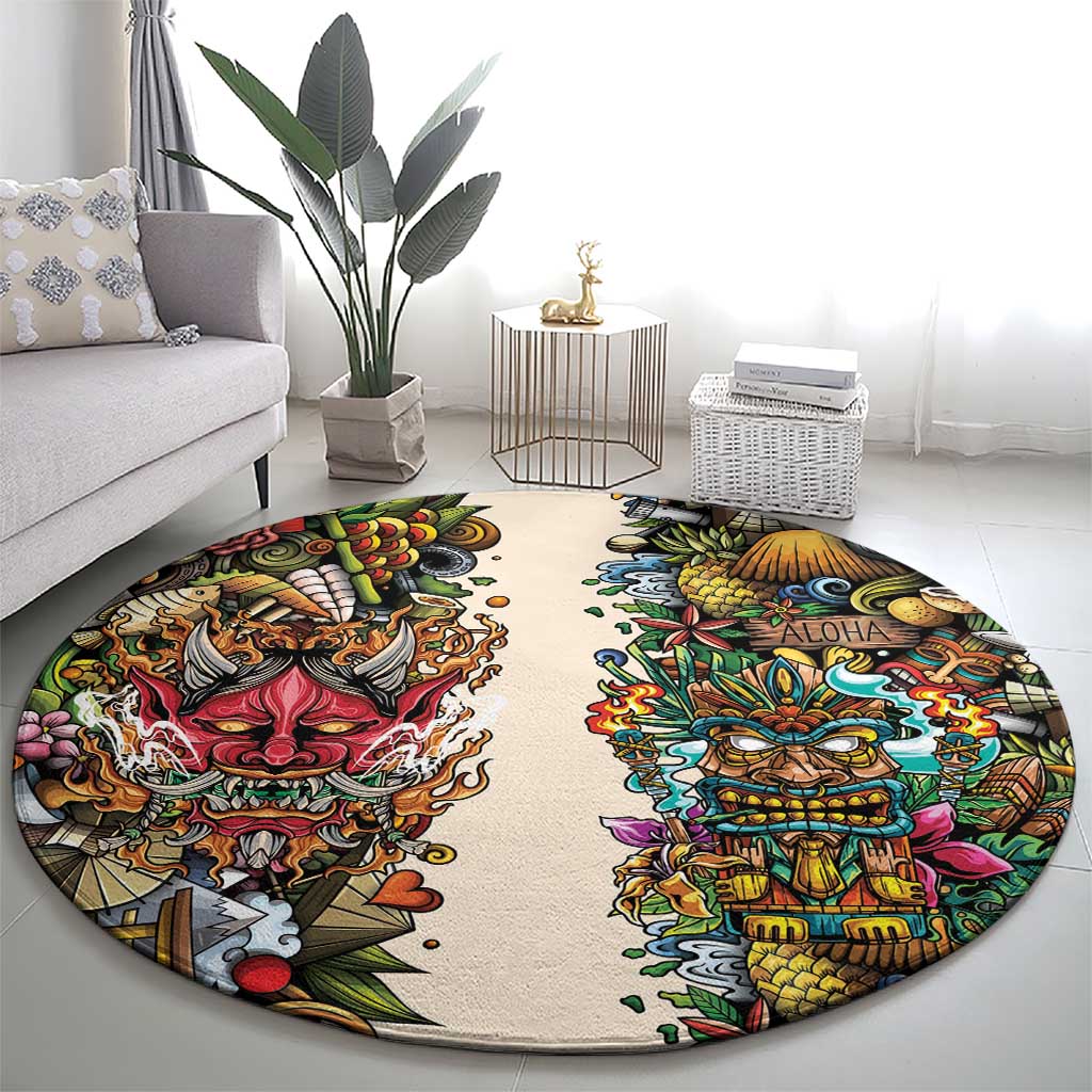 Hawaii And Japan Round Carpet Tiki With Oni Mask - Polynesian Pride