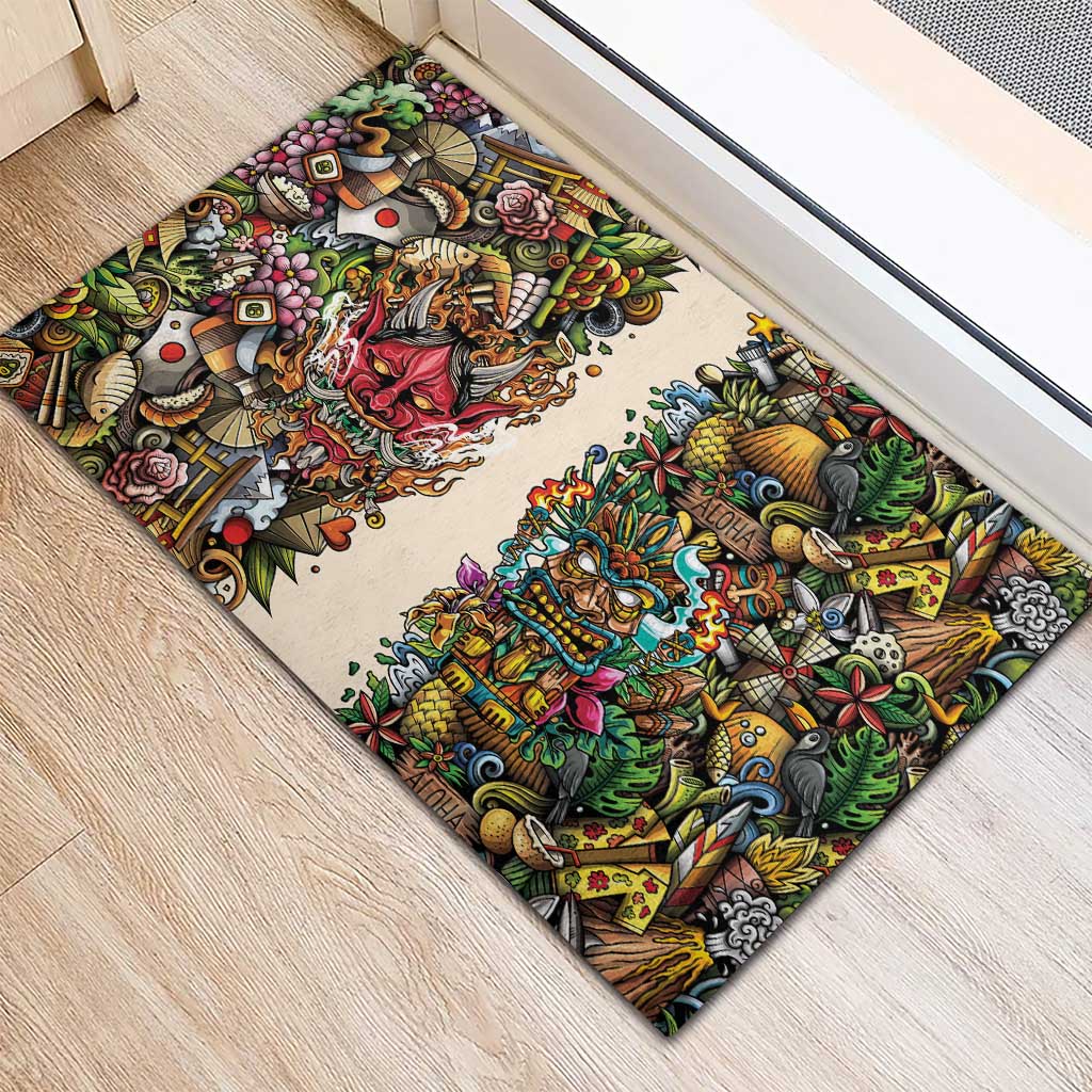 Hawaii And Japan Rubber Doormat Tiki With Oni Mask LT05 - Polynesian Pride