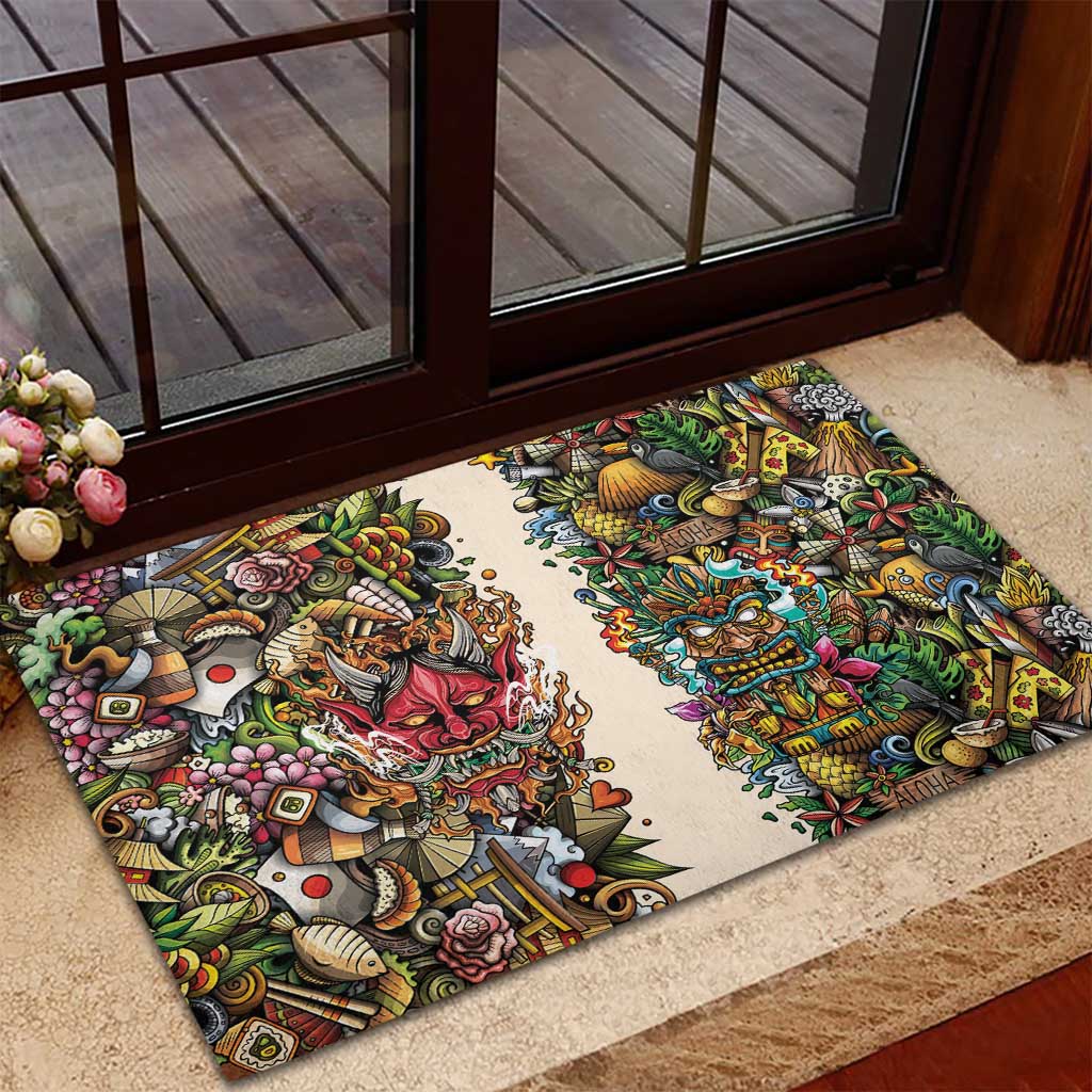 Hawaii And Japan Rubber Doormat Tiki With Oni Mask LT05 - Polynesian Pride