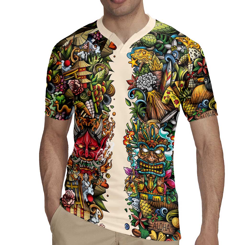 Hawaii And Japan Rugby Jersey Tiki With Oni Mask - Polynesian Pride