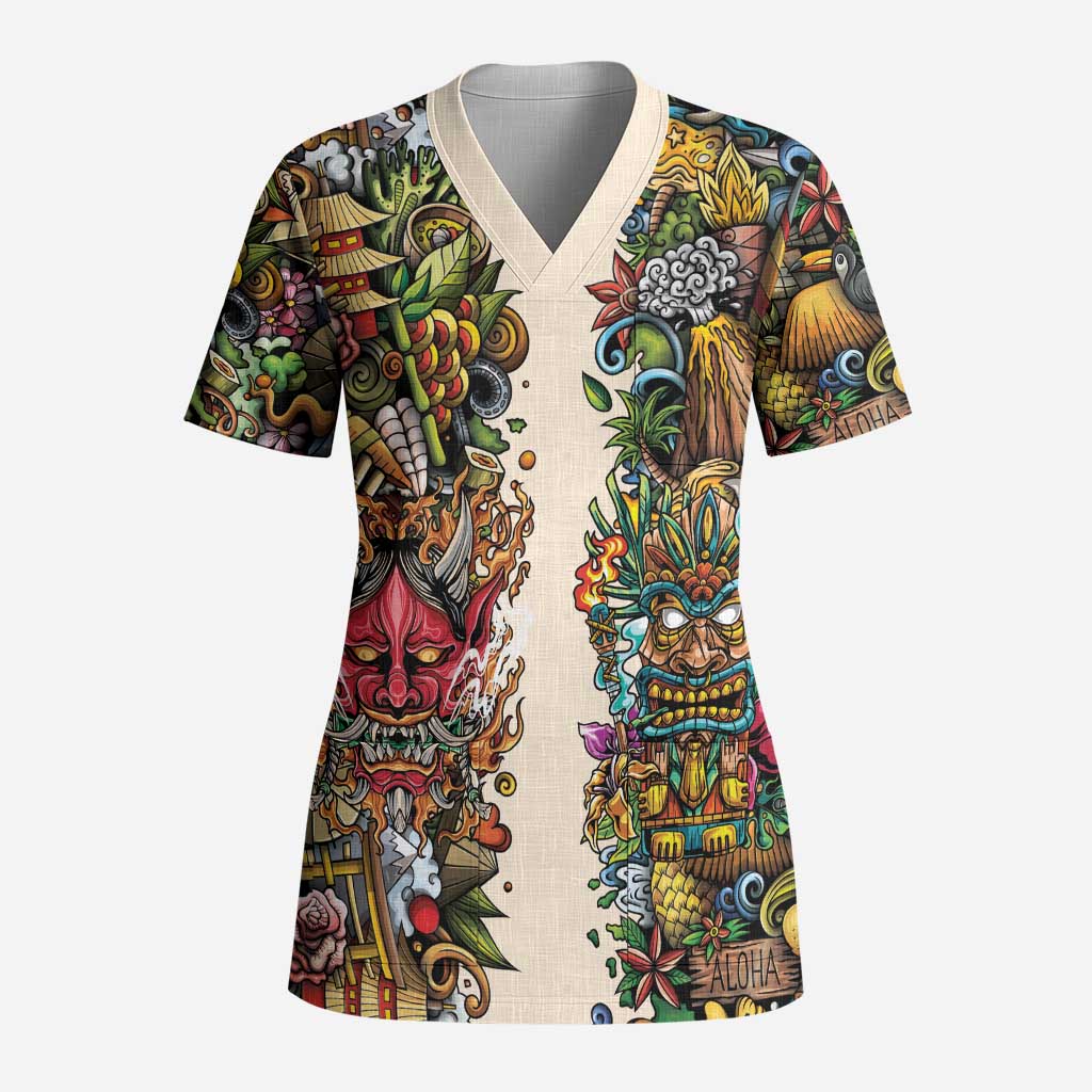 Hawaii And Japan Scrub Top Tiki With Oni Mask LT05 Adult Colorful - Polynesian Pride