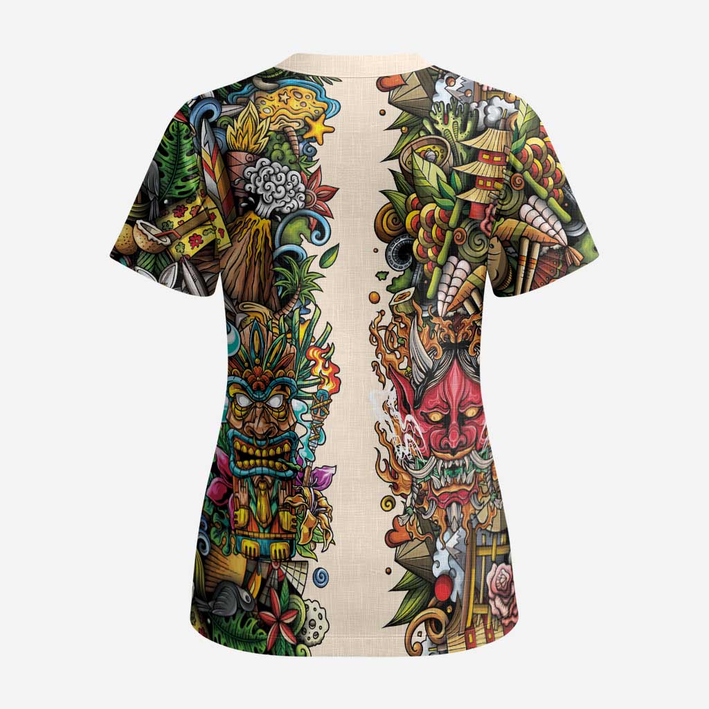Hawaii And Japan Scrub Top Tiki With Oni Mask LT05 - Polynesian Pride